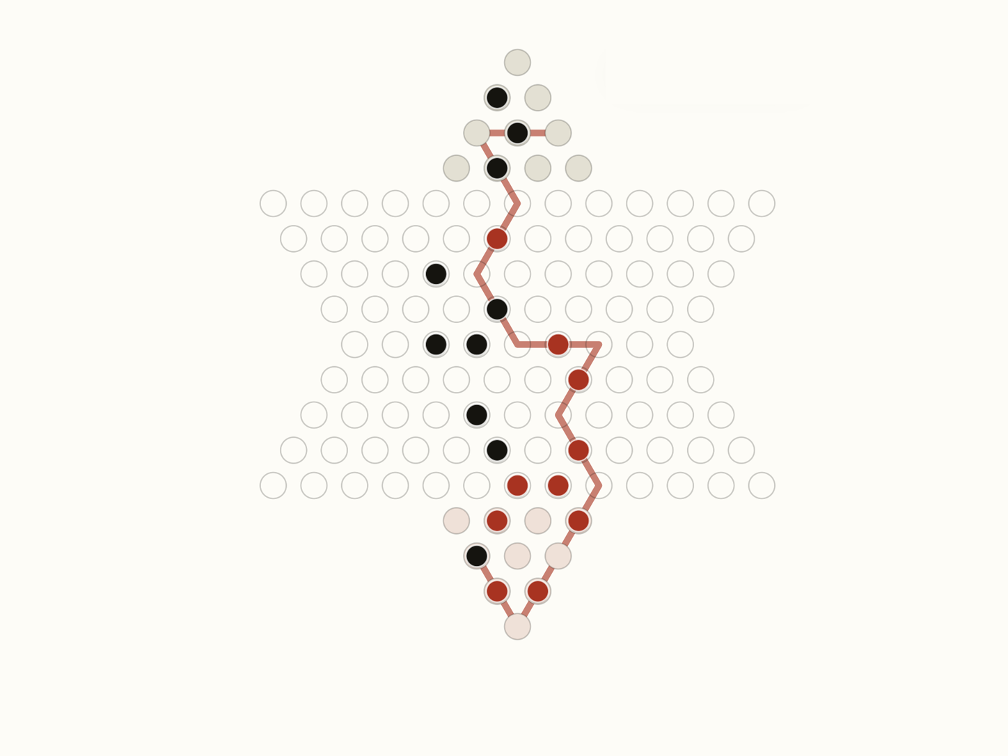 A complete two-player JumpStar board with a long multi-jump replay path
