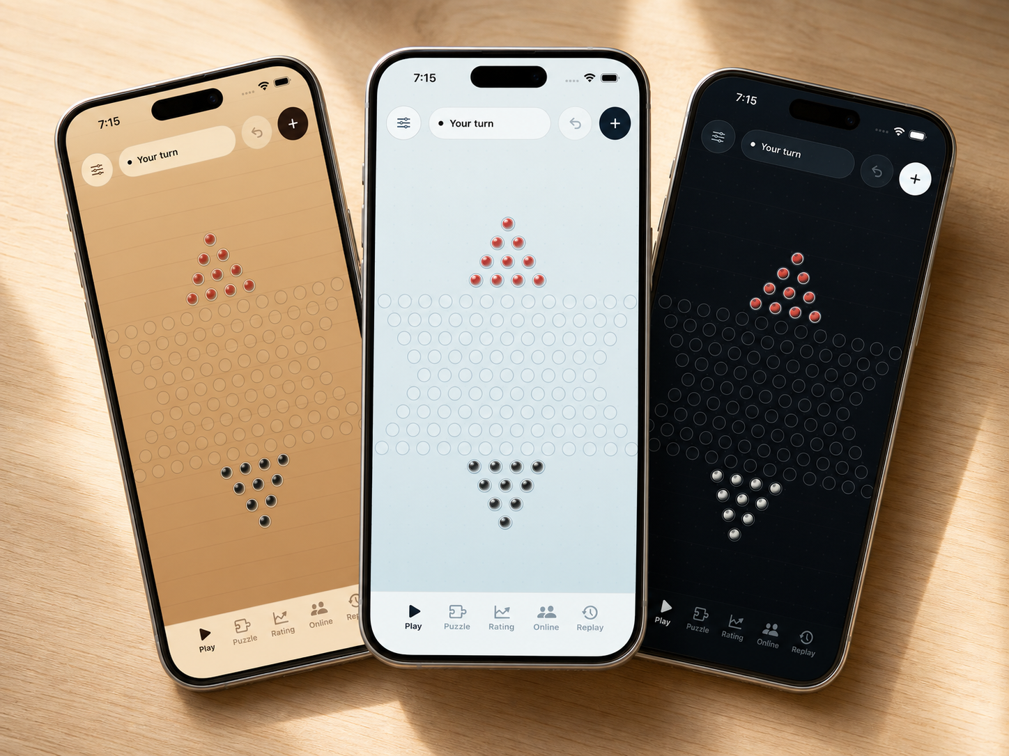 Three iPhones showing the same JumpStar Chinese Checkers board in Hearth, Sumi, and Night themes