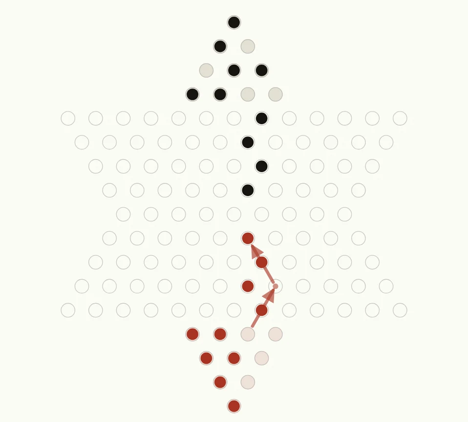 A real Chinese Checkers opening after eight moves, with both players forming lines of pieces toward the center